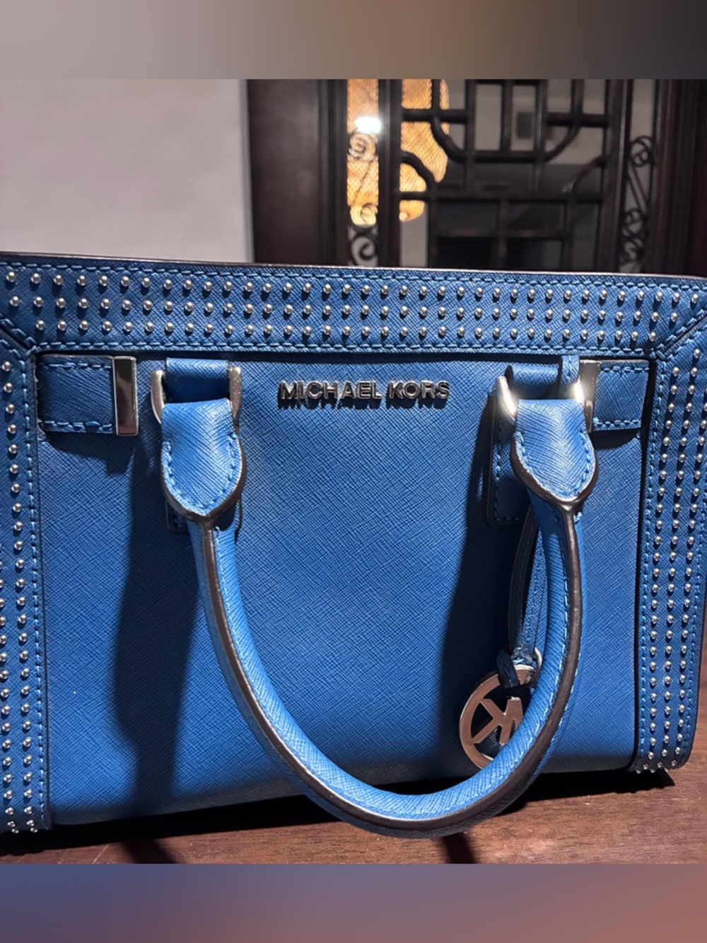 Michael Kors Blue Saffiano Leather Satchel with Stud Trim